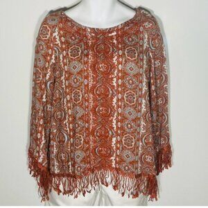 Bow & Arrow Rust & Blue Embroidered & Fringe Trimmed Top SZ S